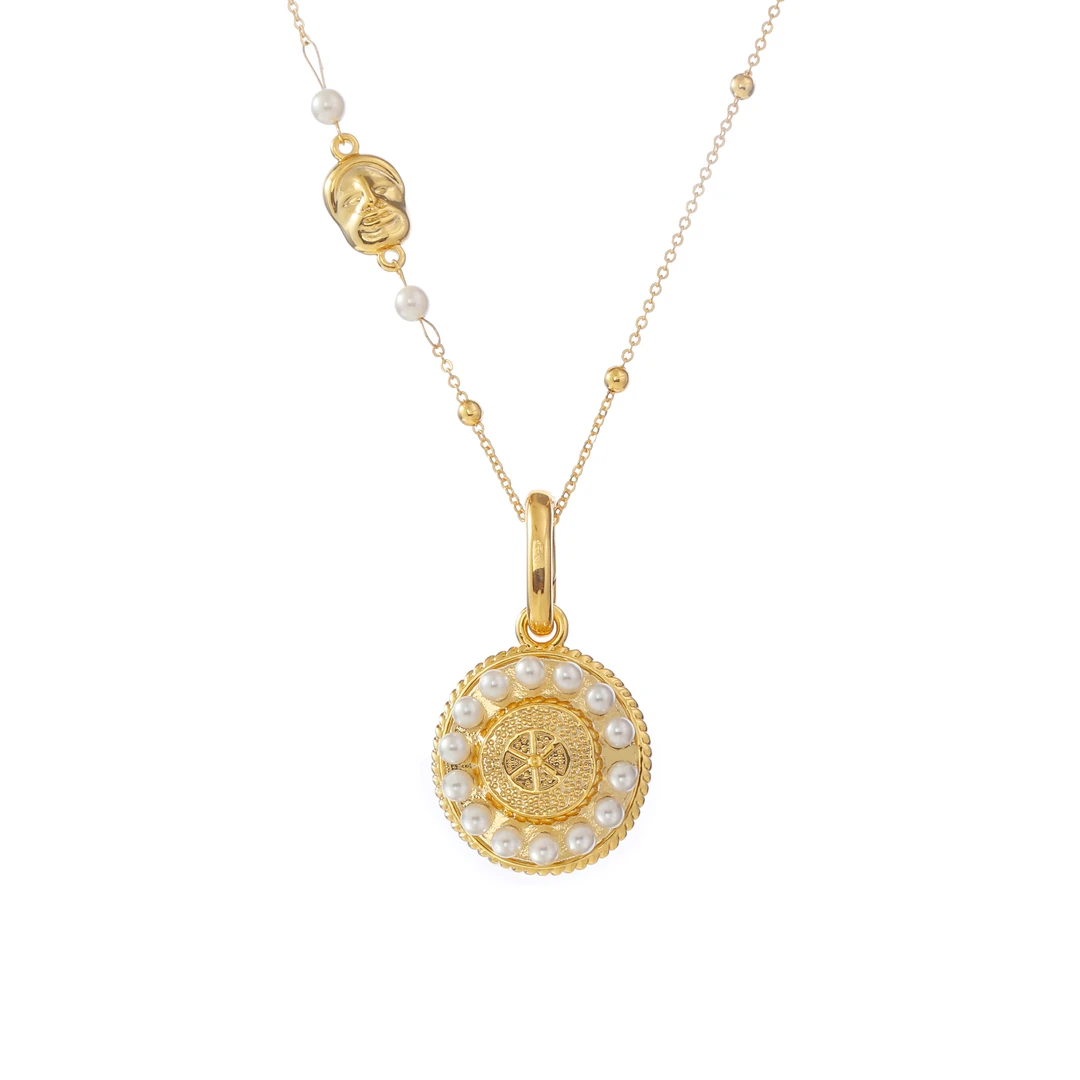 太阳花圆牌万能扣复古国潮风吊坠项链45+5cm