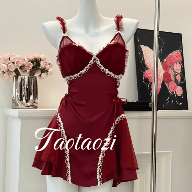 618战袍女大学生睡衣】法式蕾丝睡裙纯欲风带胸垫高级缎面显瘦甜美