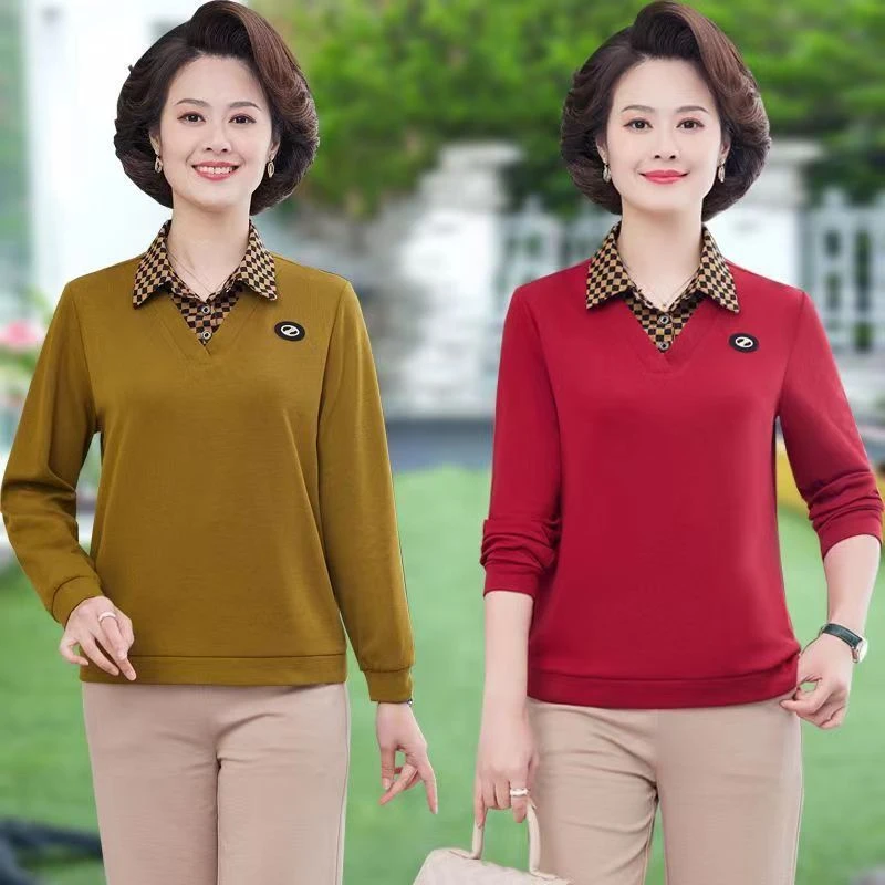 2023新款大码妈妈装春季衬衫纯色宽松显瘦打底衫中年女装短款上衣