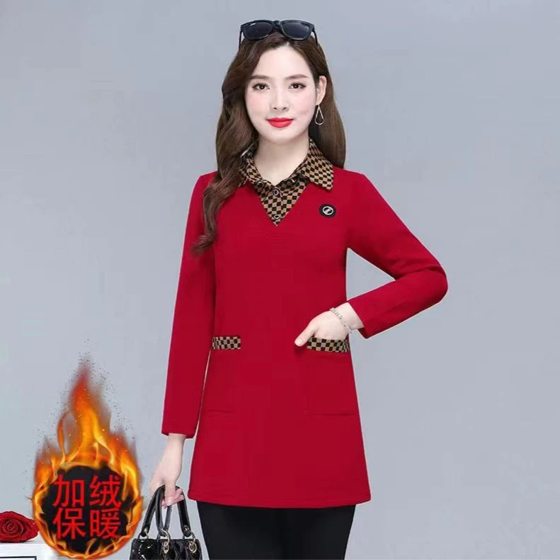 （加绒）中老年女装假两件上衣中长款大码妈妈装宽松秋冬春领长袖
