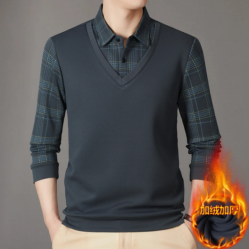 男士衬衫领长袖t恤秋季假两件中青年格纹打底衫保暖休闲百搭翻领