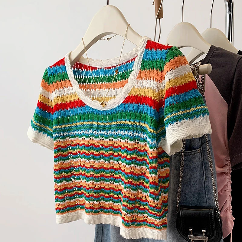 短款条纹冰丝短袖针织衫t恤女夏季2024新款薄款正肩修身镂空上衣