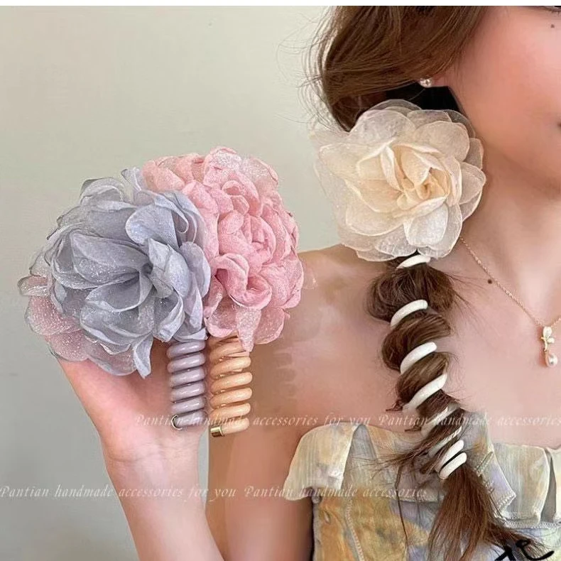 花朵电话线发圈高级感泡泡辫编发神器马尾头绳女侧扎发绳拍照头饰
