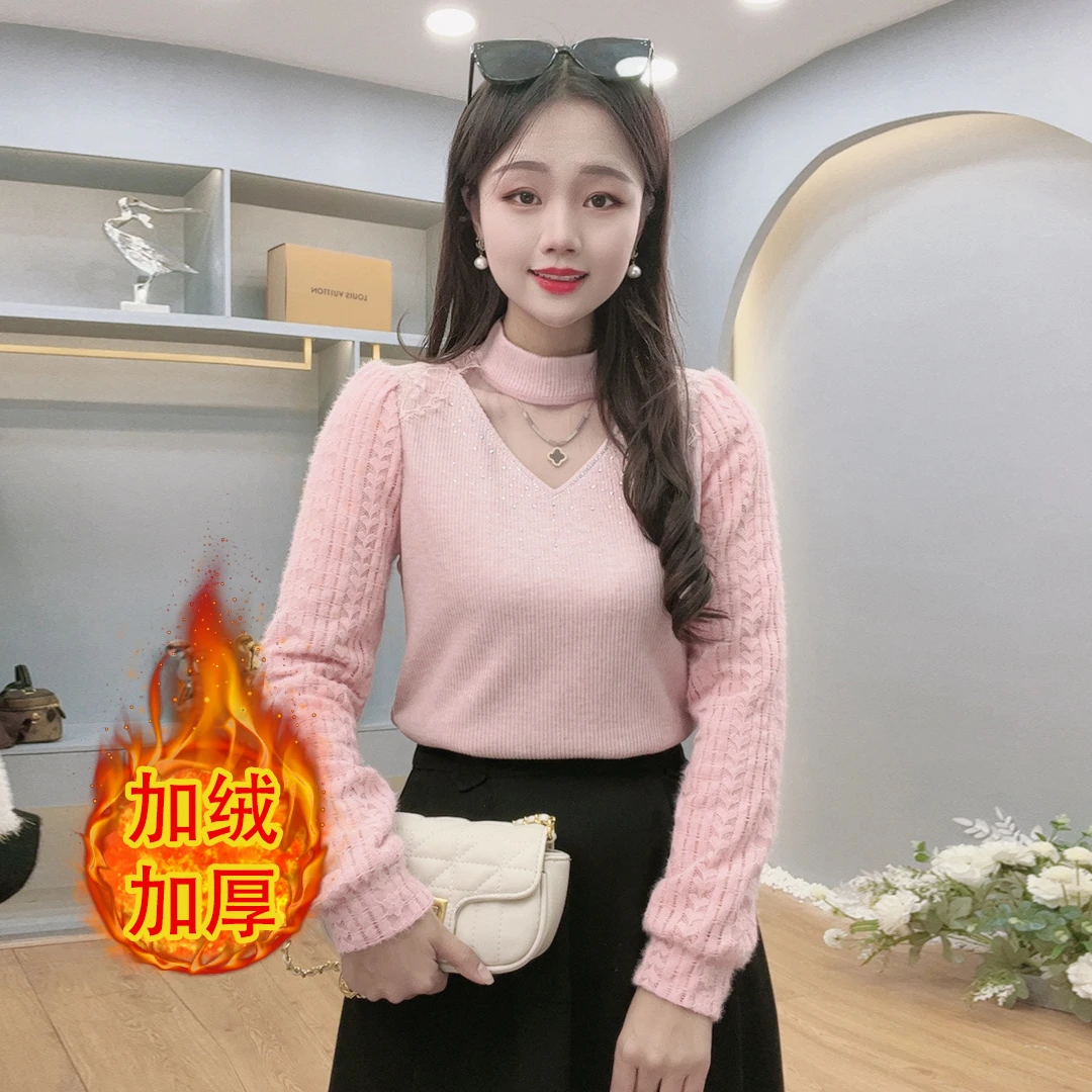 加绒加厚打底衫女士蕾丝磨毛T恤2023秋冬装新款洋气小衫内搭上衣