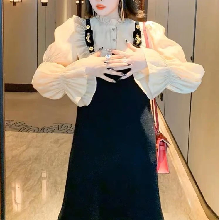 法式撞色拼接喇叭袖收腰时尚女秋大码胖mm遮肚子显瘦假两件裙子