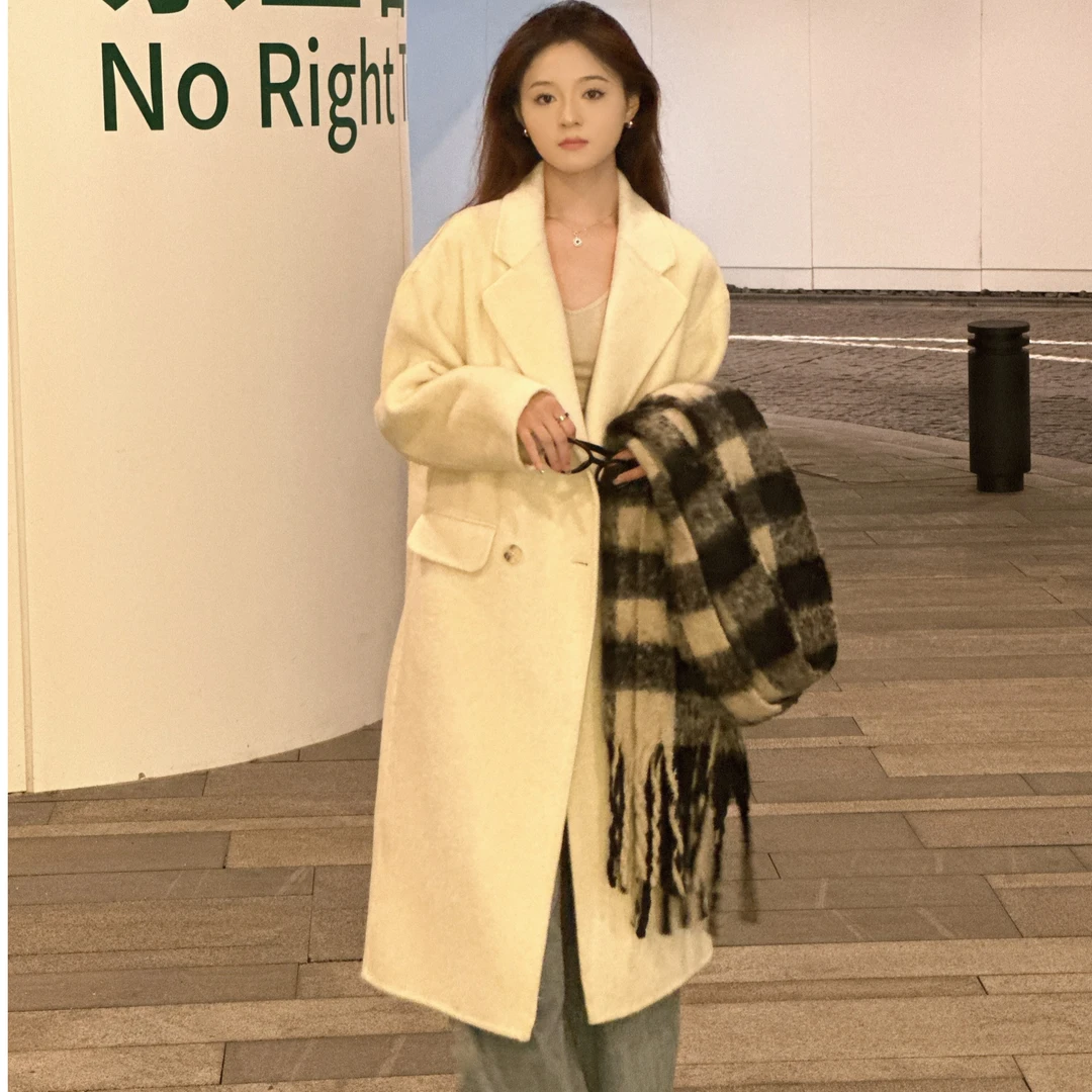 春秋新款长毛双面羊毛大衣女时尚外套中长款韩版四粒扣加厚通勤