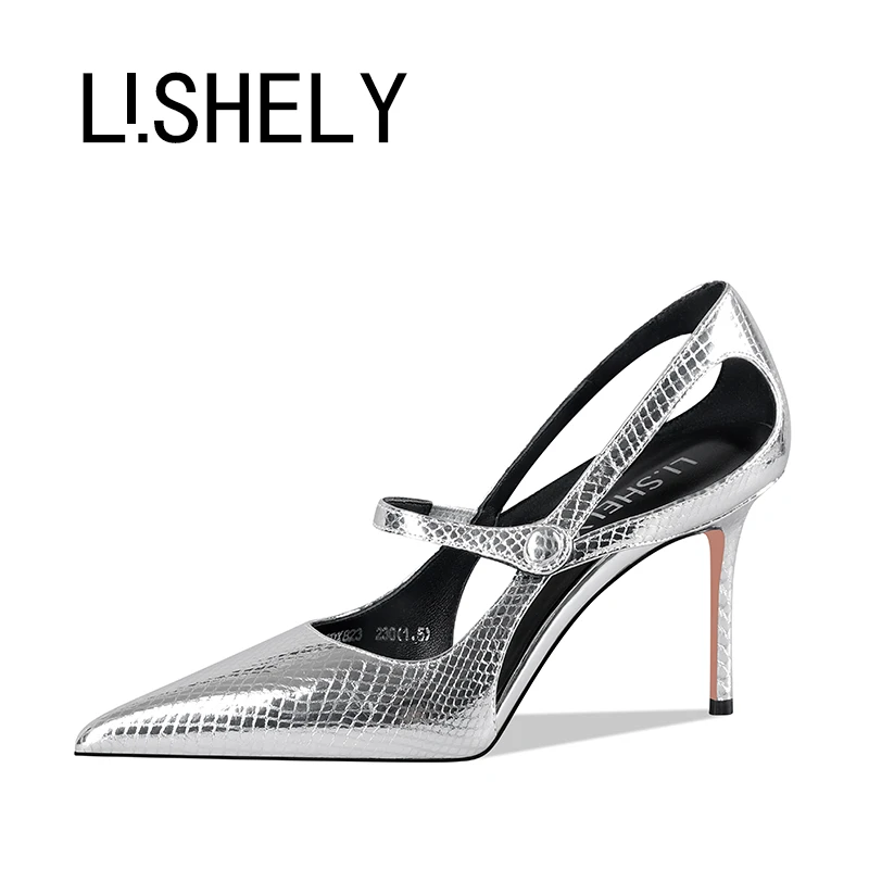 829[烟花绽放]8cm银色绑带镂空高跟鞋真皮轻奢贵气高跟浅口高跟鞋