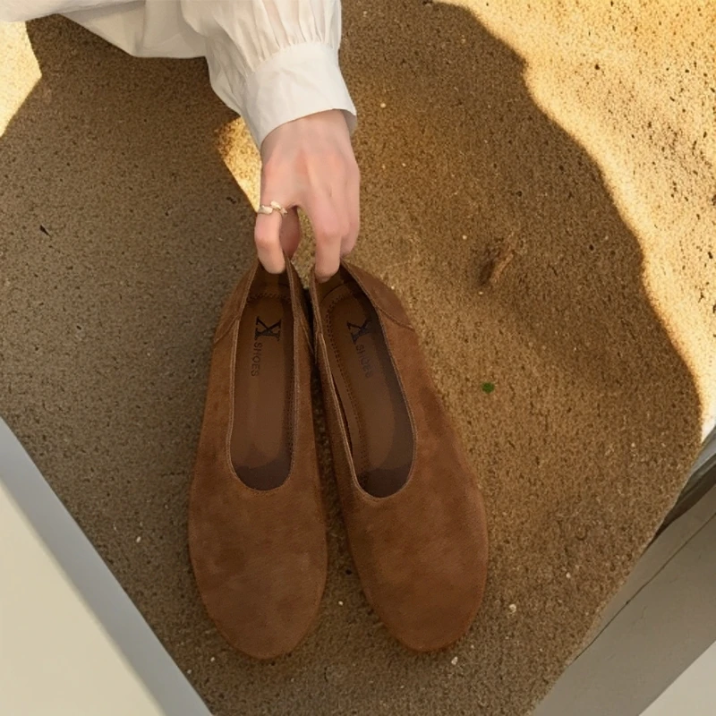 牛皮版~真皮一脚蹬平底单鞋女2024秋新款休闲浅口勃肯鞋真皮软底