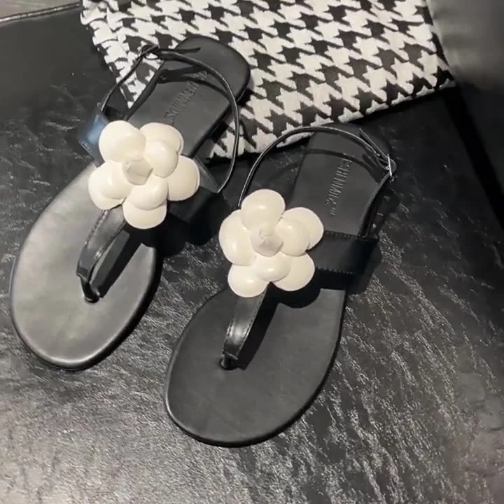 羊皮版~真皮山茶花小香风夹趾罗马凉鞋女夏粗跟仙女风低跟凉拖鞋