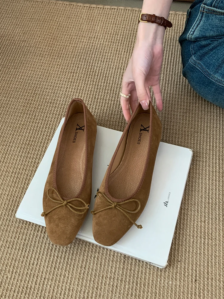 牛皮版~韩国东大门新款真皮方头浅口芭蕾舞舒适百搭软底丝绒单鞋
