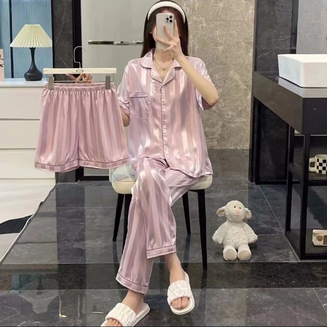 春夏新款条纹三件套高级感冰丝短袖宽松透气舒适女士睡衣套装375