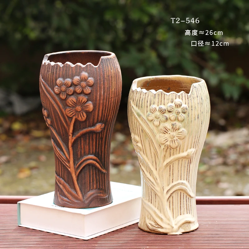 T2-546特大号多肉粗陶花盆老桩法师切口创意复古高筒透气植物陶罐