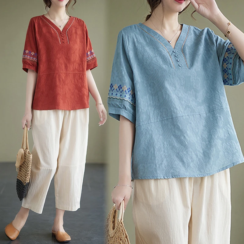 2023新款爆款妈妈装复古棉麻套装短袖t恤上衣女中老年洋气两件套