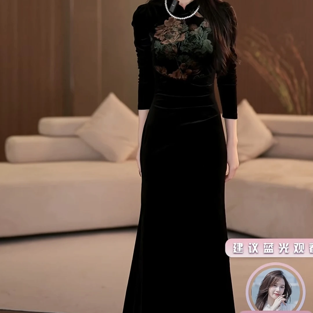 【yola】秋华绣锦秋季新款新中式气质收腰显瘦鱼尾连衣裙-YL0036