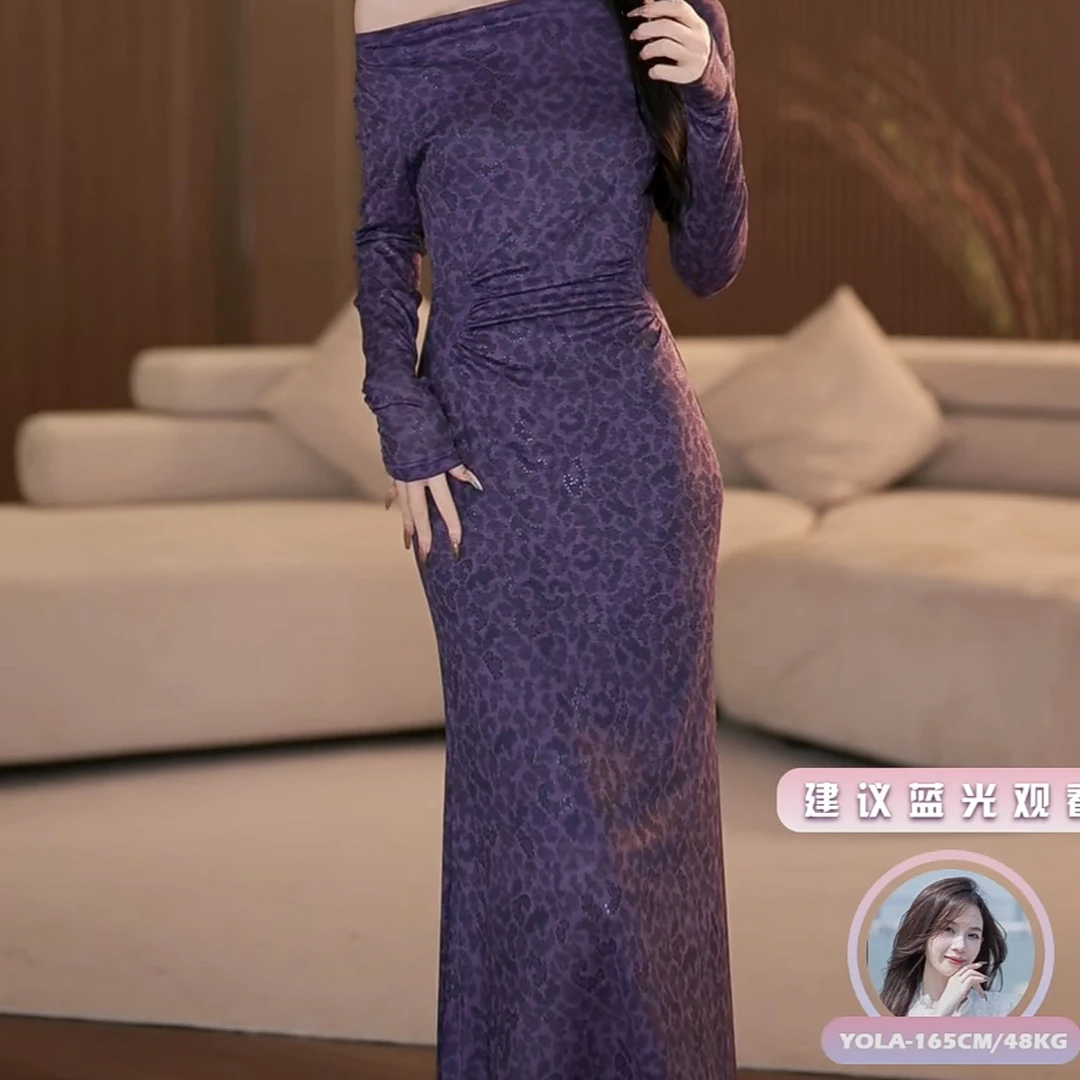 【yola】神秘豹影秋季新款法式气质收腰显瘦鱼尾连衣裙-YL0042