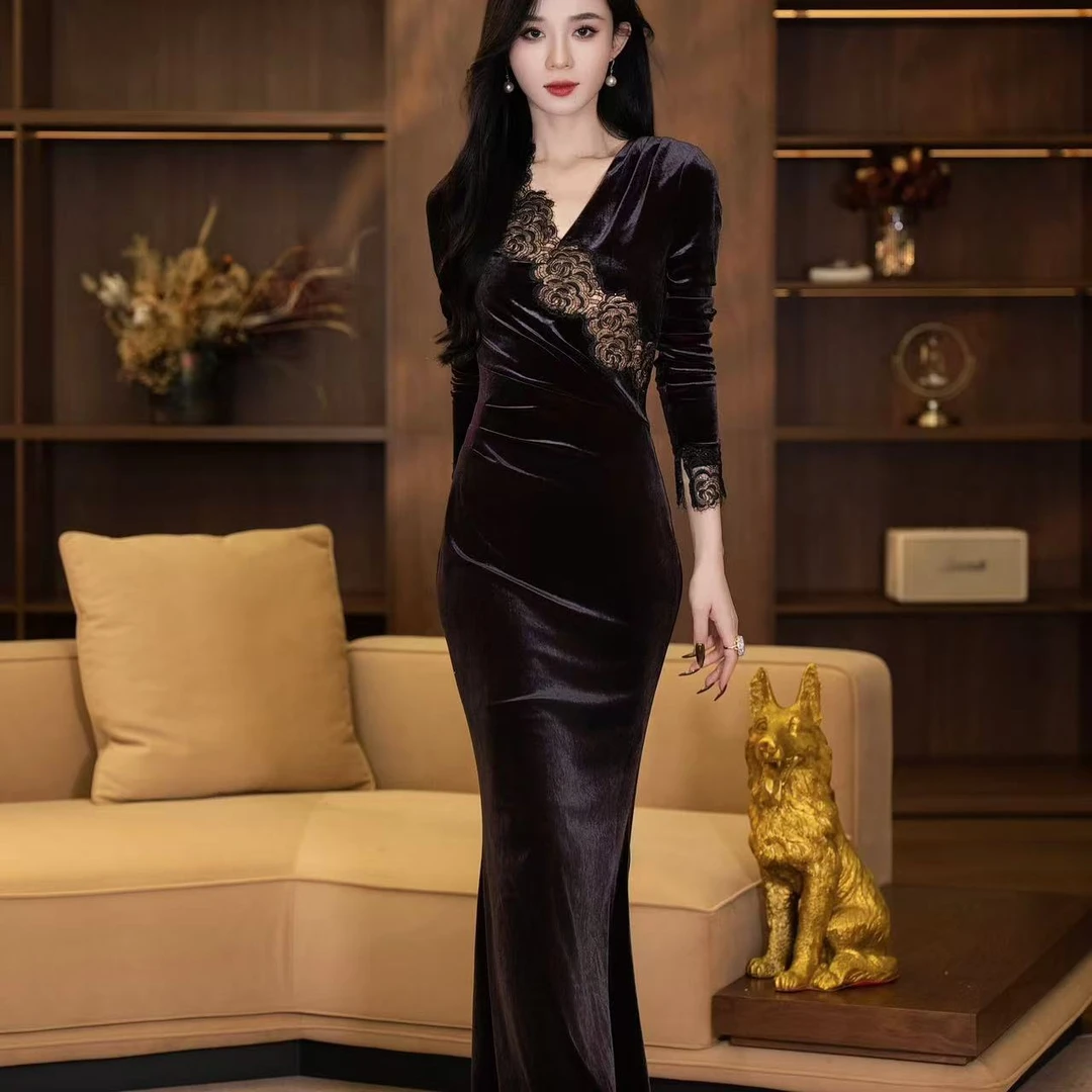 【yola】纱雾蔷薇冬季新款法式气质收腰显瘦鱼尾连衣裙-YL20031