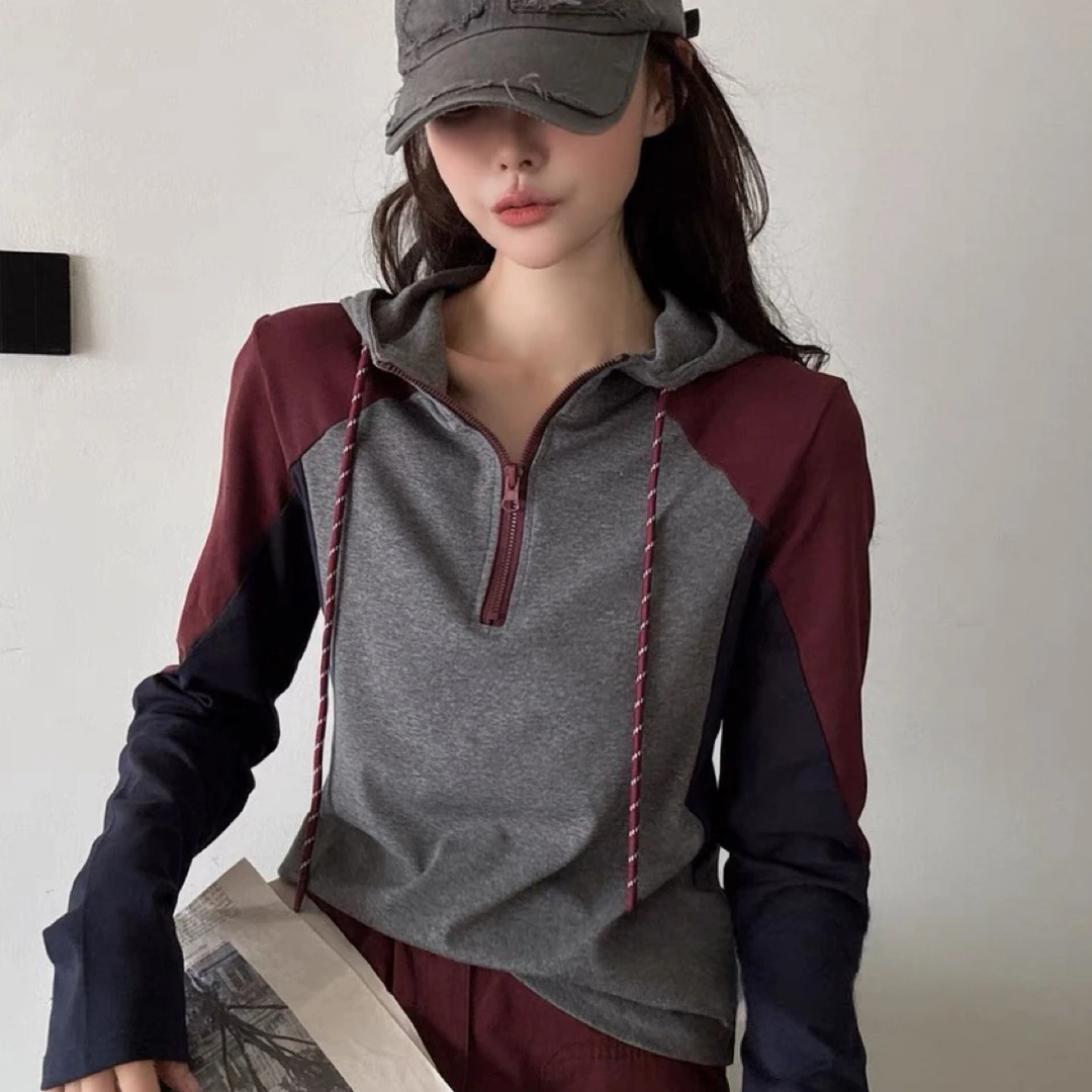2024秋冬新款连帽半拉链拼接撞色时尚百搭抽绳设计师气质长袖卫衣