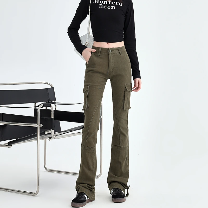 卡扎琳2025军绿美式高街修身显瘦百搭弹力复古水洗低腰微喇工装裤