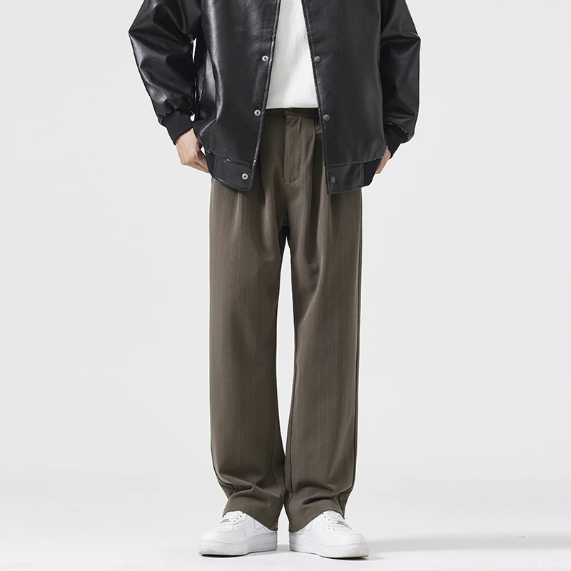 三只熊秋季新款美式休闲裤男宽松垂感条纹西裤轻商务潮流直筒裤