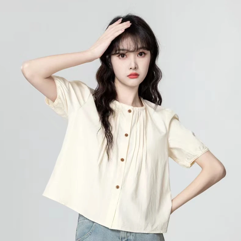 9795纯棉泡泡袖衬衫女2024夏季新款小众设计感短袖娃娃衫短款上衣