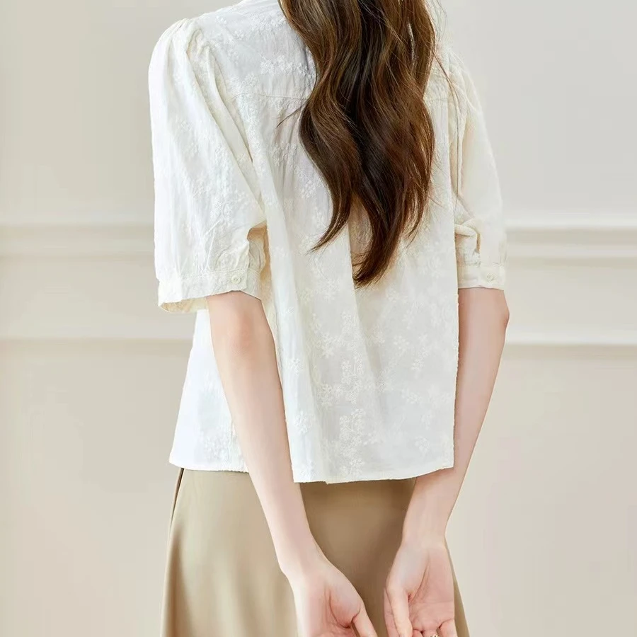 9782圆领高端短袖衬衫女2024夏季新款时尚上衣别致漂亮小众设计感