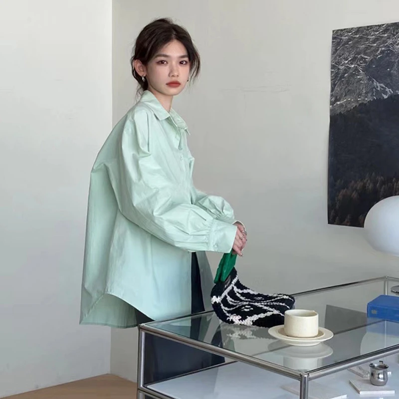 纯棉春季薄荷绿色衬衫女盐系高级感上衣小众设计感宽松防晒外套