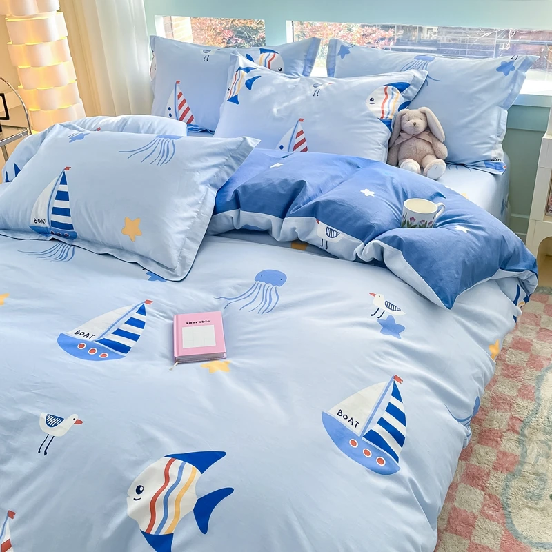 水星家纺适用新款海洋帆船儿童四件套纯棉男孩100全棉床上用品