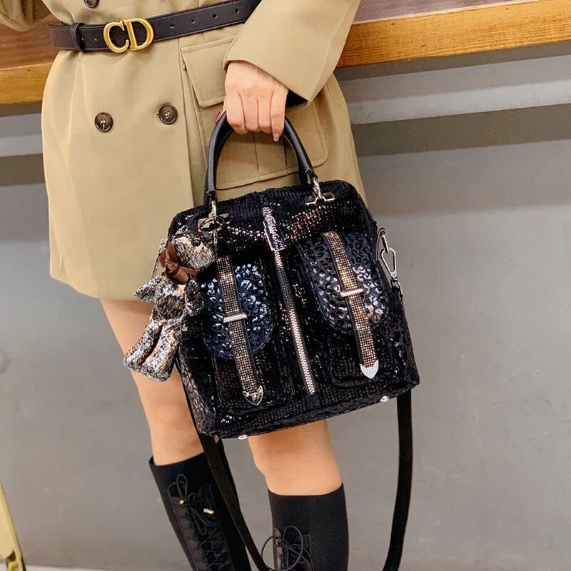 新款时尚亮片镶钻双肩包女包2025休闲多功能单肩斜挎包背包旅行包