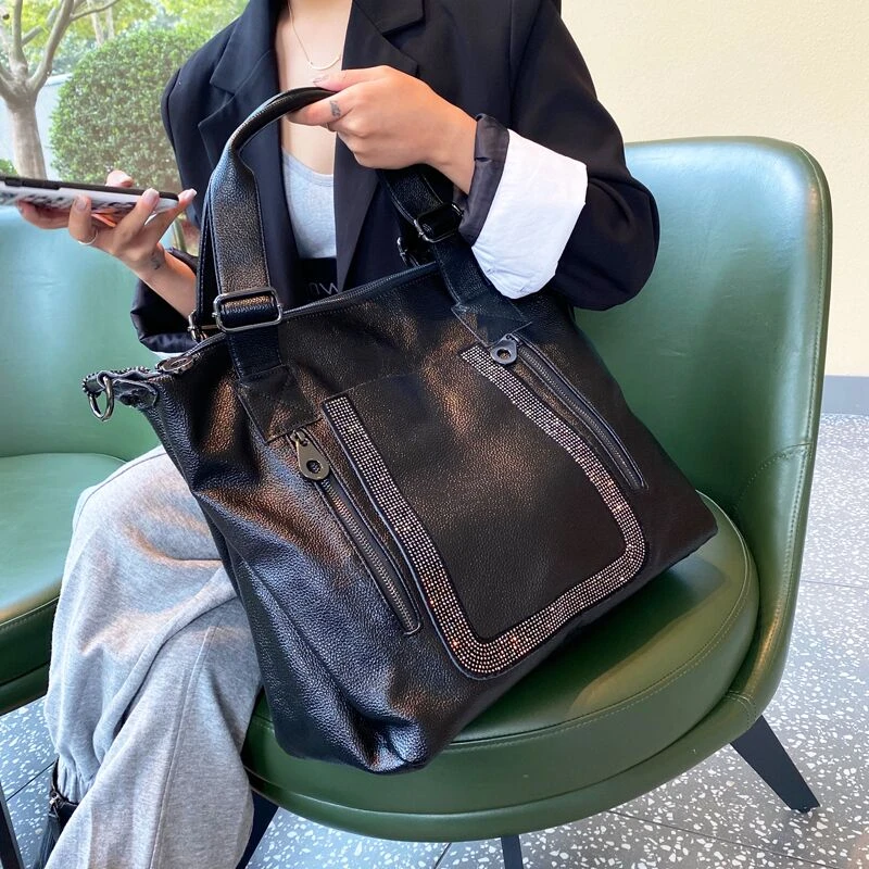 新款时尚大容量镶钻真皮手提包女包2025休闲百搭单肩斜挎包旅行包