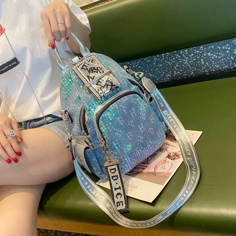 时尚亮片尼龙配真皮双肩包女包2025休闲个性百搭高级感小众背包潮