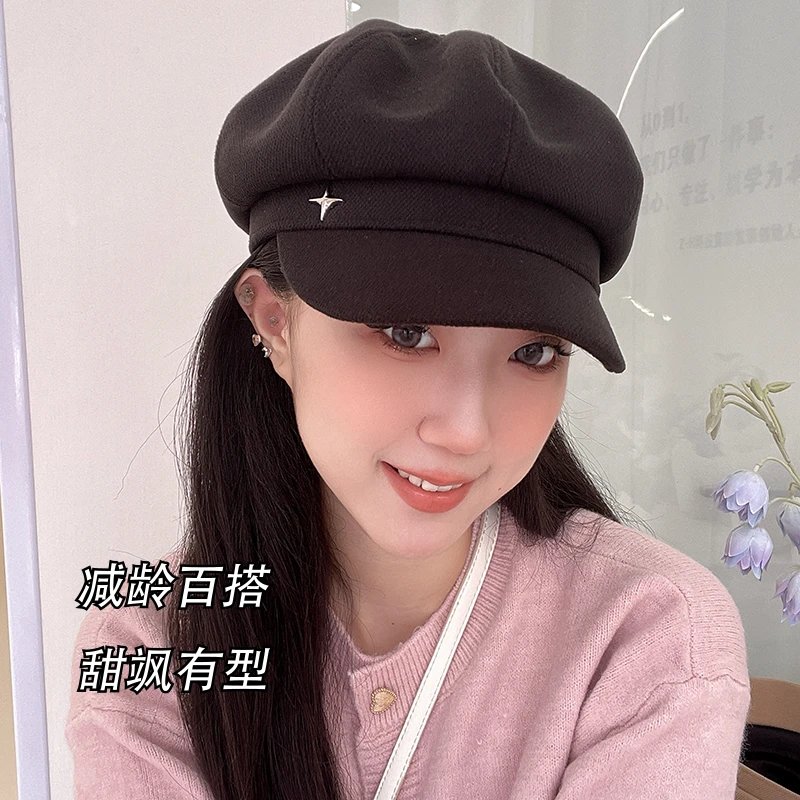 贝雷帽子女秋冬季英伦八角帽复古百搭显脸小2024新款小香风画家帽
