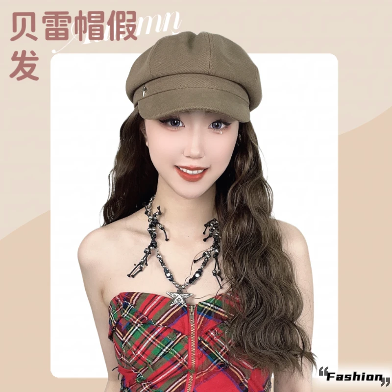 咖色贝雷帽假发帽子女款2023新款八角帽女潮秋冬韩版日系褶皱包脸