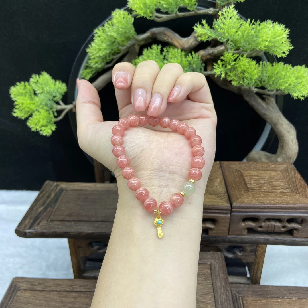 单圈菱锰矿红纹石满肉卡7MM搭配如意吊坠手串D223699