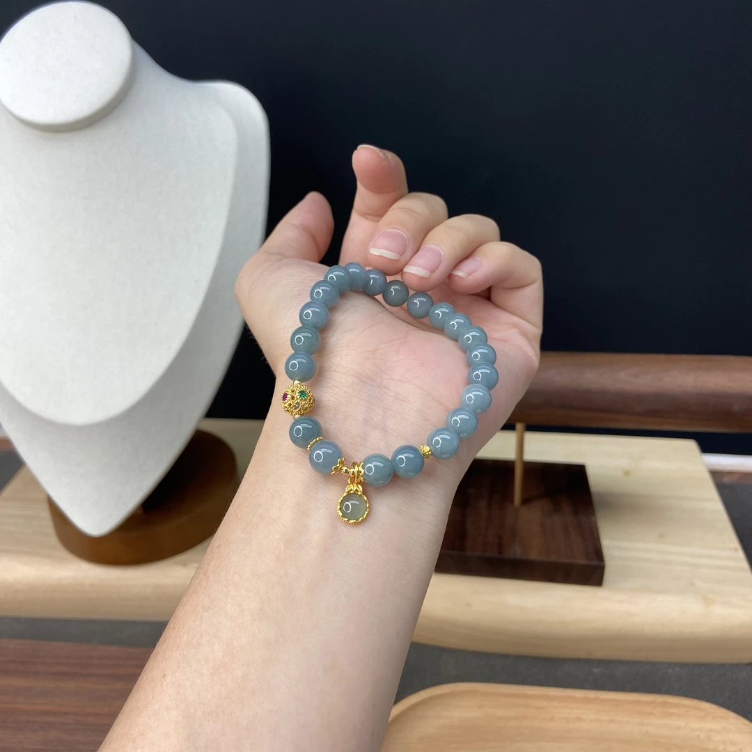 单圈翡翠卡8MM搭配绣球路路通配饰圆形翡翠吊坠手串Y213969