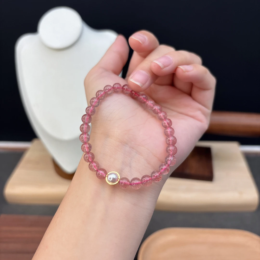 单圈草莓晶卡6MM搭配圆珠路路通配饰简约时尚闺蜜款手串B12299