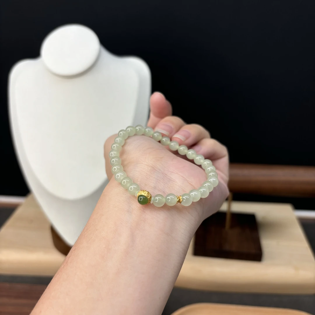 和田玉高冰浅晴卡6MM搭配莲花小蛮腰配饰蛋面路路通手串Y117329