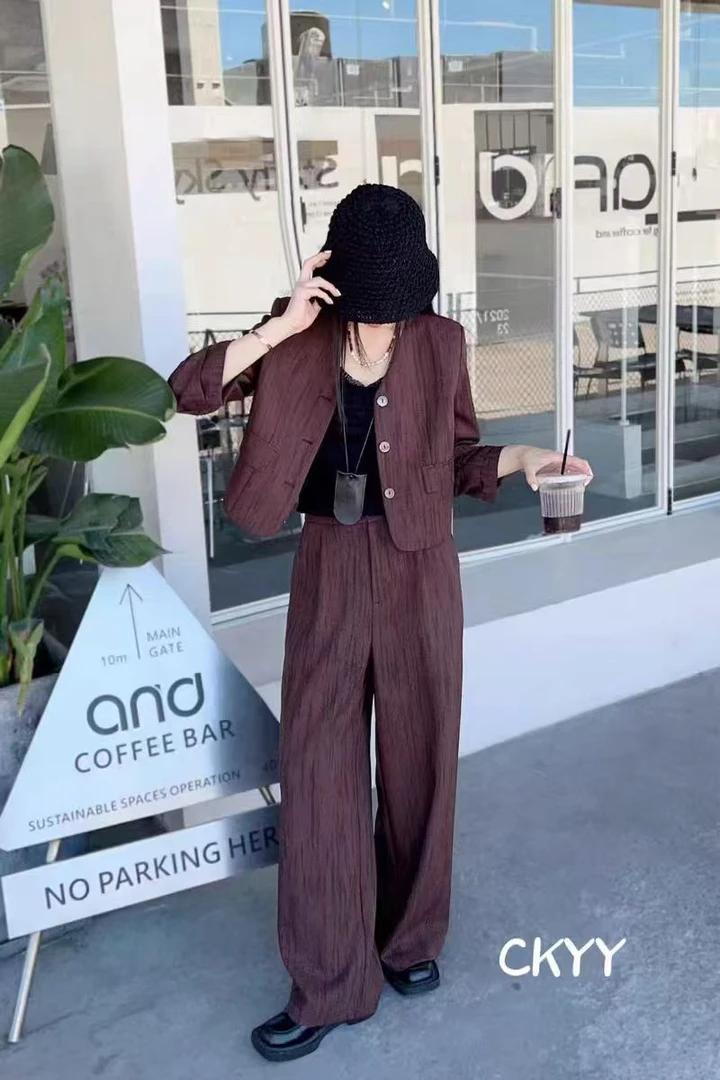 【木子定制】新款时尚气质轻奢洋气高级印花褶皱纹阔腿裤盐系套装女