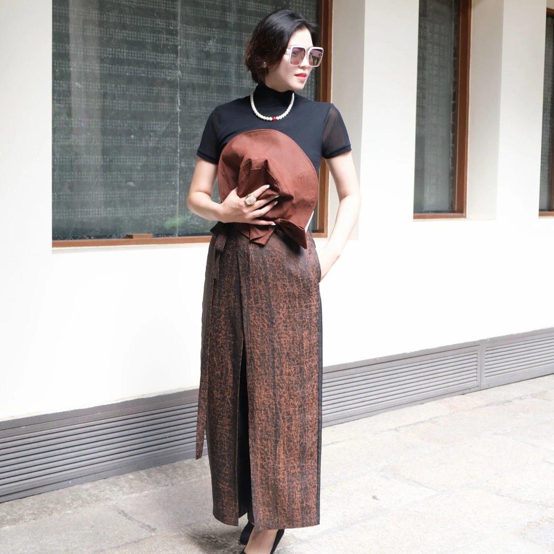 香云故里·原色素平缎香云纱拼棕色提花莨纱阔腿裤XB23B-18E859