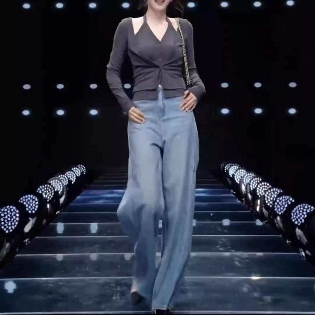 2025春季新休闲挂脖假两件上衣高腰直筒牛仔裤女气质显瘦