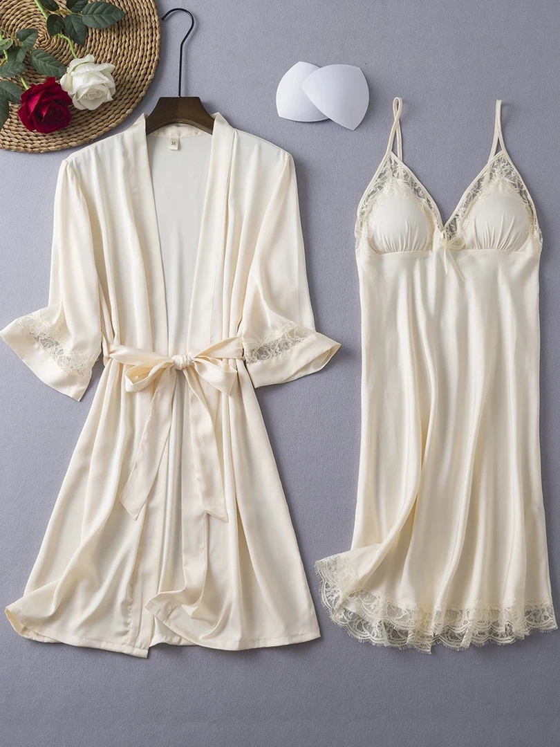 【云裳羽衣】睡衣女夏季冰丝新款蕾丝吊带睡裙睡袍两件套带胸垫春秋