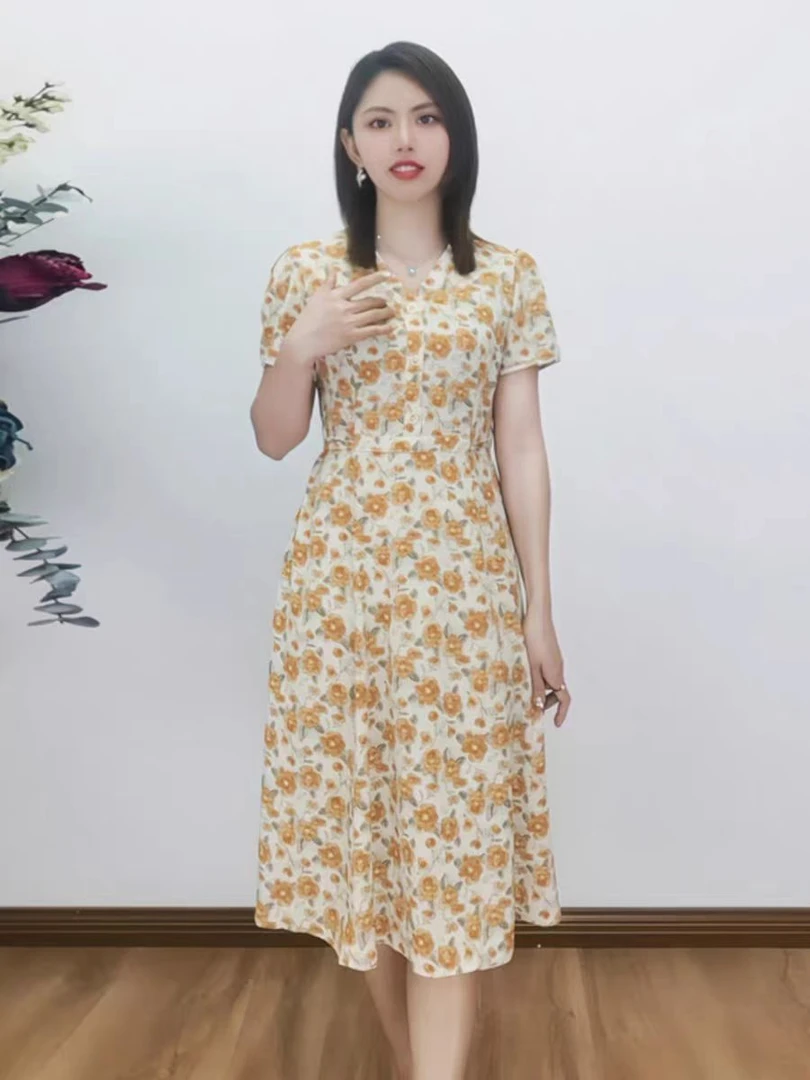 B5Q-8100大码连衣裙显瘦气质小清新休闲收腰法式时尚夏季