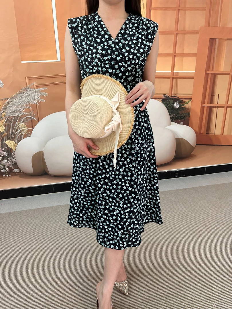 B5Q-852复古连衣裙显瘦气质大码轻奢碎花小众收腰中长款夏季法式