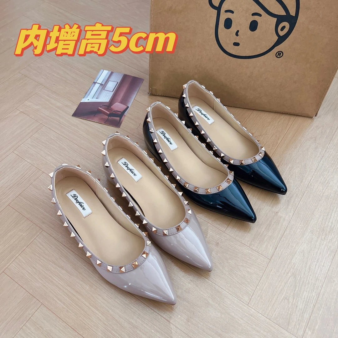 5cm小个子内增高铆钉浅口裸色尖头软漆皮法式气质单鞋女通勤鞋