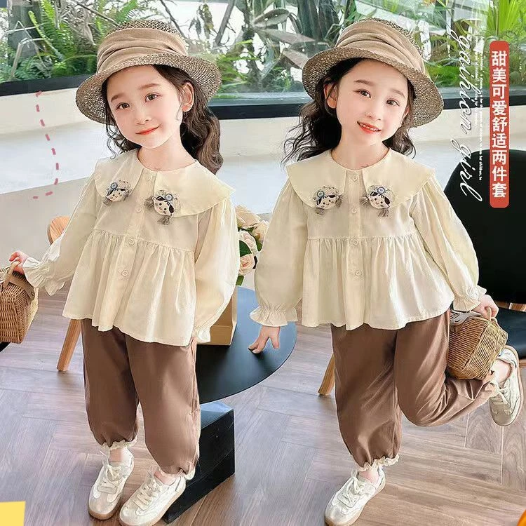 女小童长袖娃娃衫套装春秋款洋气时尚新款宝宝春季休闲裤两件套潮