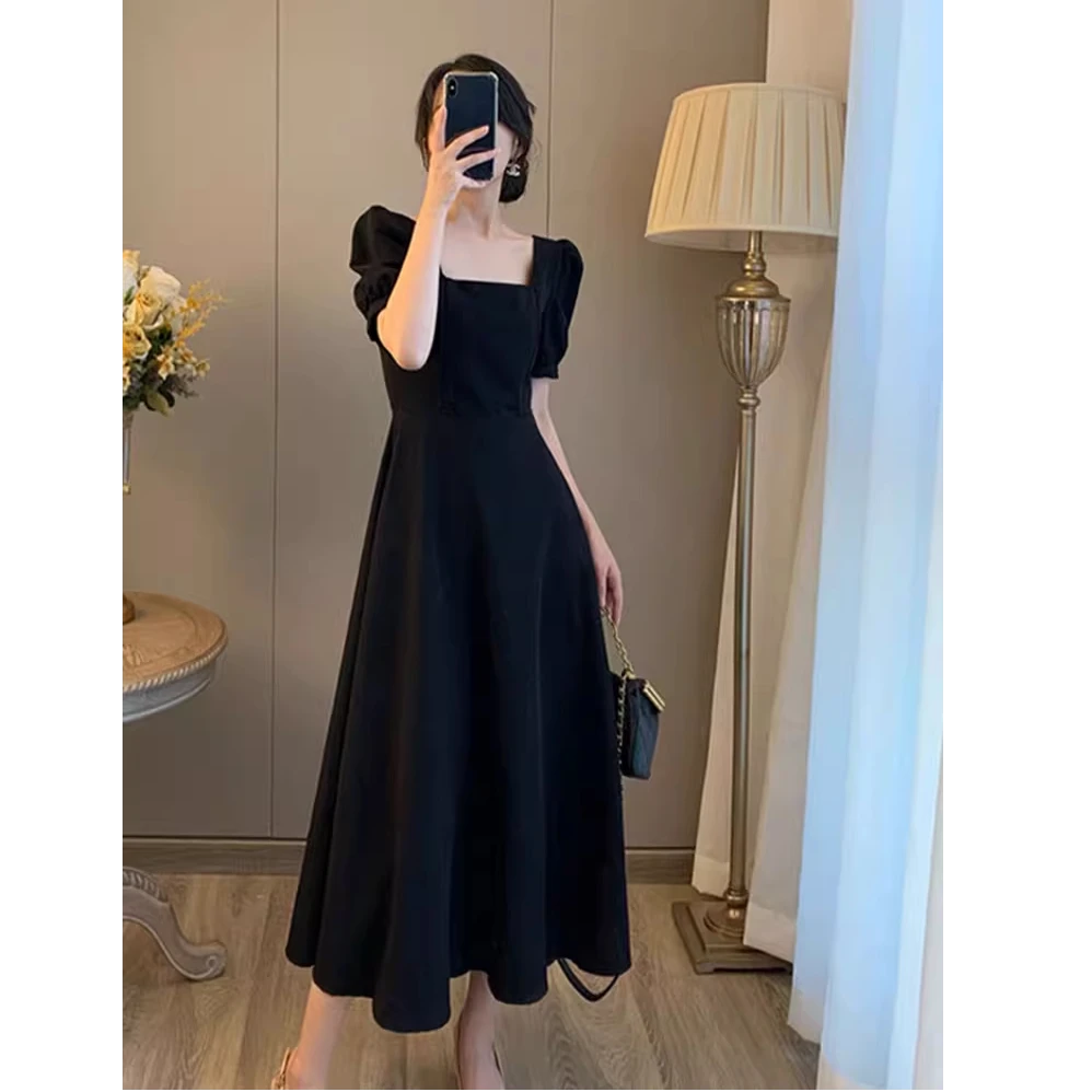 大码女装黑色方领连衣裙女夏胖mm法式复古收腰显瘦赫本风长款裙子