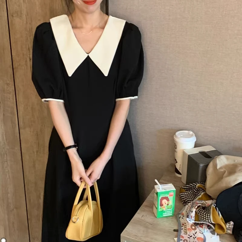 夏季新款大码女装胖mm显瘦黑色连衣裙韩国chic法式减龄泡泡袖长裙