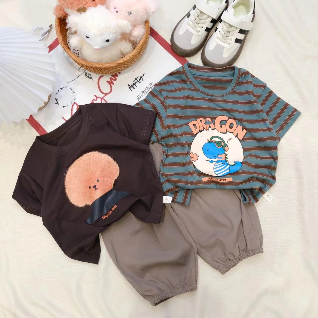 胡子头夏季男宝韩版卡通小狗条纹恐龙组合三件套XH009