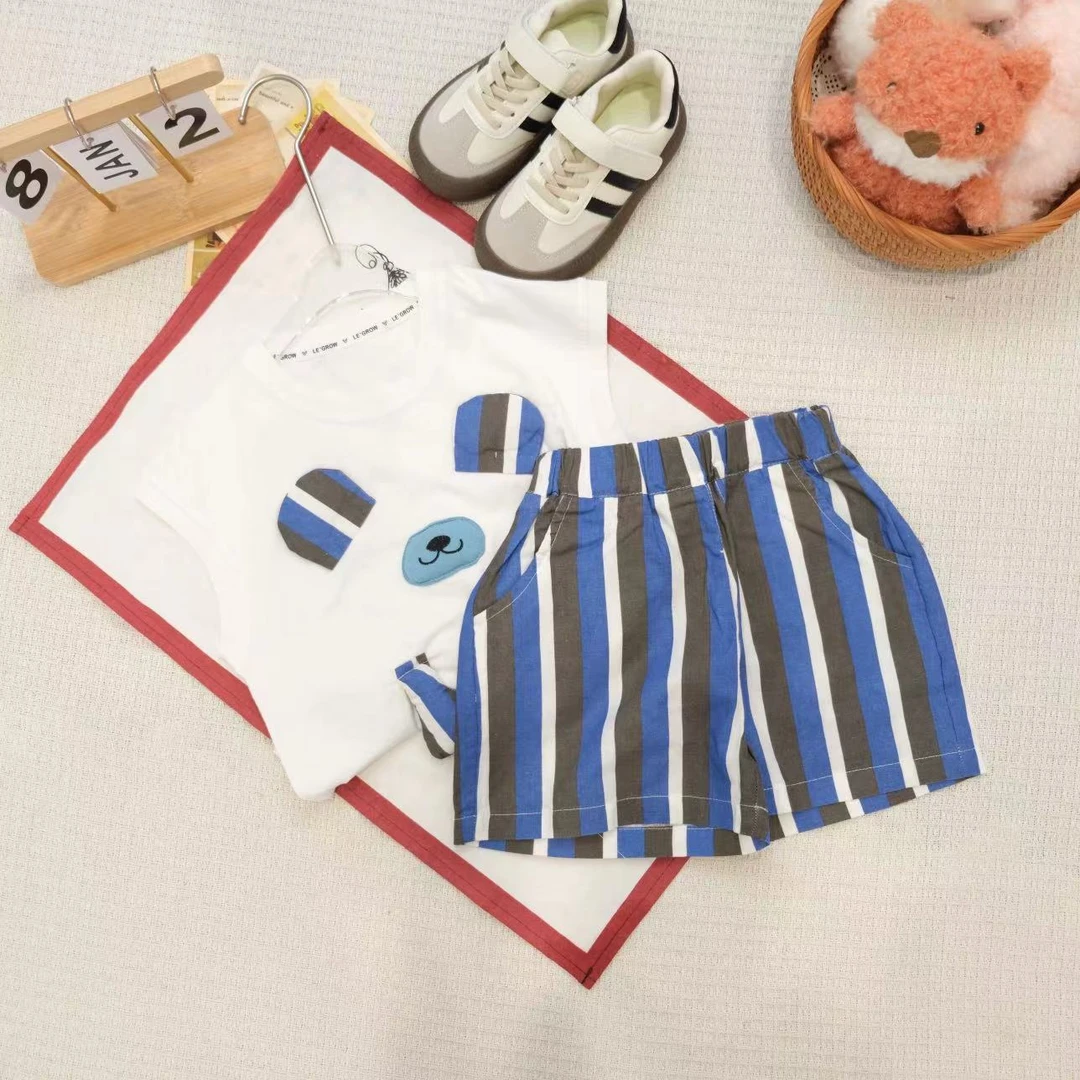 胡子头夏季男宝可爱立体条纹小熊套装XQ102