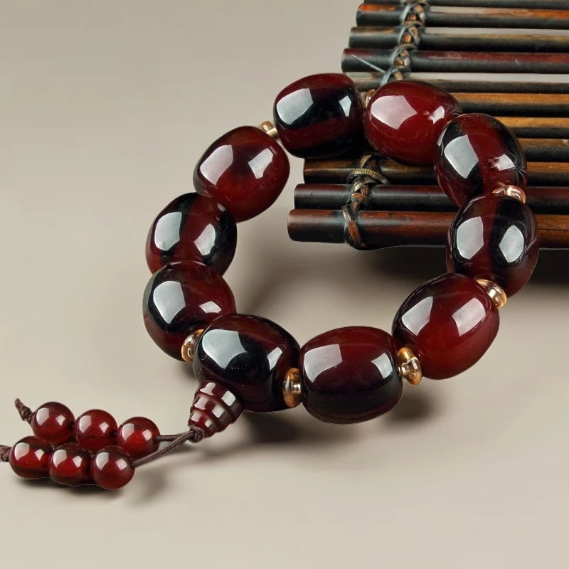 血牛角手串桶形珠手链文玩饰品血丝耗牛角手串西藏民族风男款车挂