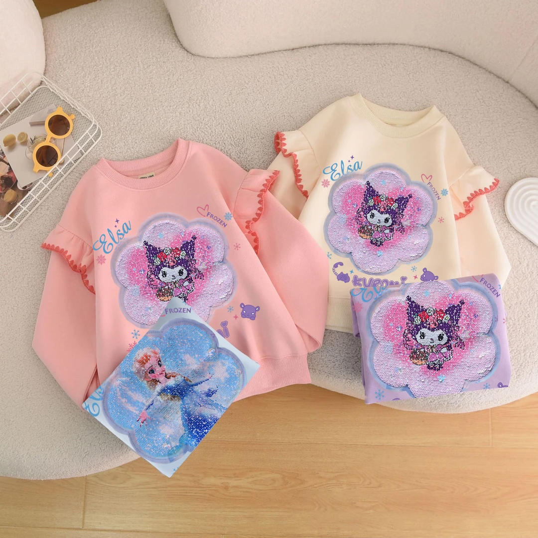 2024童装新款秋款荷叶边女童卫衣爱莎变图库洛米长袖圆领套头上衣